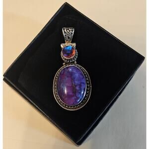 Vintage 925 Sterling Purple Copper Turquoise Aurora Borealis AB Crystal Pendant